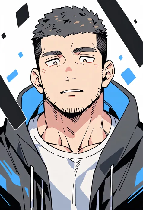 anime characters：priapus, muscle sports student, buzz cut, manliness, male focus, sports tight hooded sweatshirt, very tight, fu...