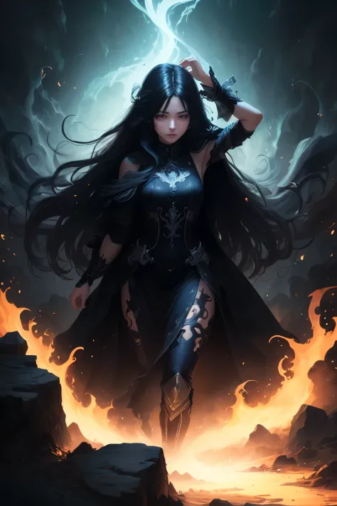 ((best quality)), ((masterpiece)), (detailed), A digital illustration of a long black haired girl being surrounded by dark, negative energy