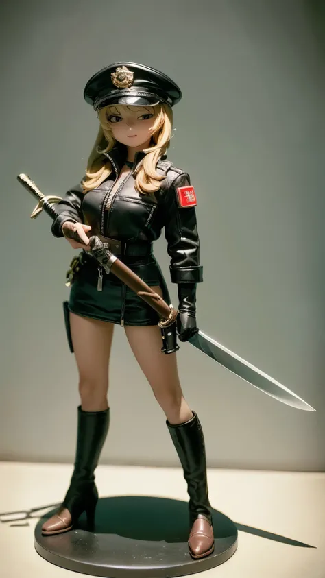 Masterpiece, Tabletop Figures, Highest quality, 4K, The face is precise(((must))), concept art, best shot, Holding a beautifully decorated long sword, A brave pose, head to toe((must)), aschgray haired early 20s Russian girl, Wearing jet black protector, c...