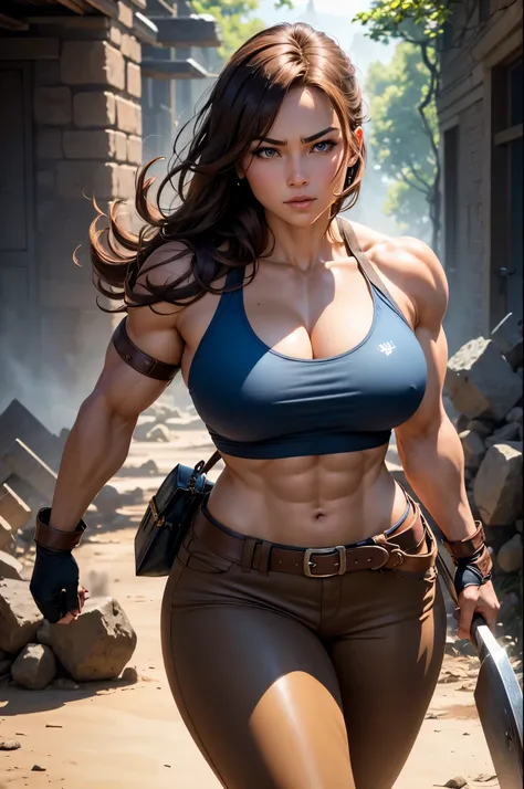 Realistic, 8k,ファンタジーのアラフェッドは茶色の胸鎧を着たGerman Womanの写真のPauseをとる,Super muscular body,　Women with fearless features(Lifelike face),　Super muscular and macho woman,　Brown-haired Helly Shorthair,　Super muscular macho man in brown pants and protectors,masterpiece、...