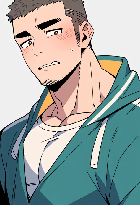 anime characters：Priapus, Muscle Sports Student, Buzz Cut, Manliness, male focus, Sports tight hooded sweatshirt, Very tight, full and perky chest muscles, muscular male, muscular, only, Upper body, alone, Black short hair, Thick eyebrows, stubble, Brown-r...