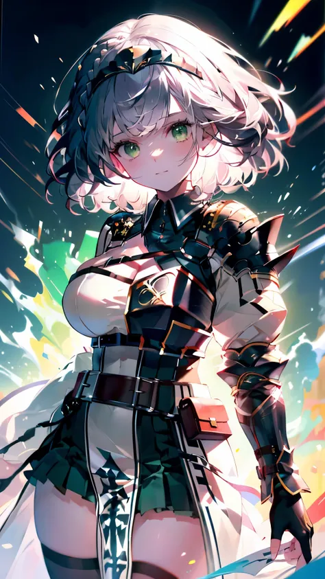 (Ultra-high resolution,masterpiece, Attention to detail, Highest quality), 8k,(aanoel, medium hair, green eyes, hairband, blue collar, shoulder armor, cleavage, mole on breast, armored dress, chest belt, gold trim, fingerless gloves, black gloves, brown be...