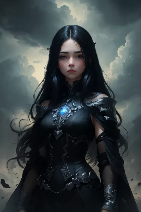 ((best quality)), ((masterpiece)), (detailed), A digital illustration of a long black haired girl below the dark black clouds and surrounded by dark, negative mystical energy