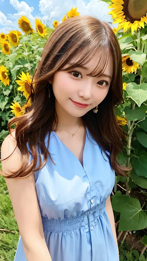 A beautiful woman in a flowing summer dress, standing in a field of sunflowers under a bright blue sky. She has long, wavy hair and a radiant smile, basking in the sunlight