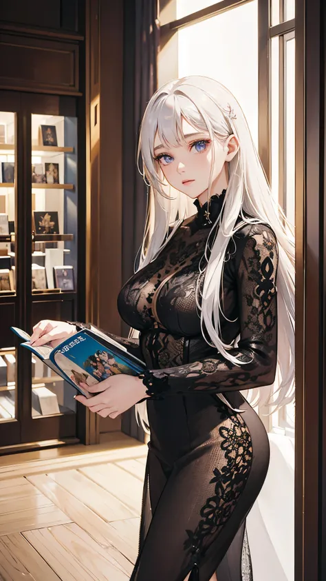 A beautiful girl with white hair and violet eyes standing in a bookstore magazine section, holding a magazine and flipping through the pages with great interest, her lovely figure illuminated by the soft lighting of the store as nearby customers glance at ...