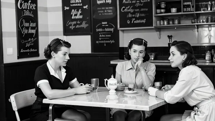 a 1950s UK cafe interior, black and white, a few customers drinking tea