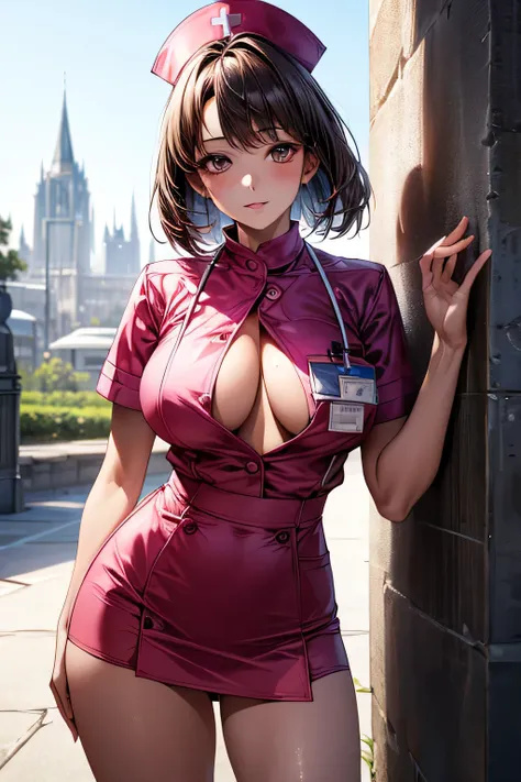 (1girl), (Middle age), (Sexy shiny nurse top and tight mini skirt), (Only the delta part of yellow panties is visible from under the mini skirt), masterpiece, Brunette Bob, (Large Breasts), (Sexy pose), (very tanned and shiny skin),  photoRealistic, Realis...