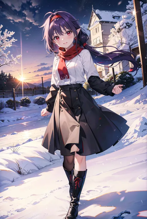 yuukikonno, Konno Yuuki, Long Hair, Pointed Ears, Purple Hair, (Red eyes:1.5), (Small breasts:1.2), Open your mouth,happy smile, smile, Open your mouth,hair band,low twin tail,Red Scarf,Oversized purple sweater,Black pantyhose,Long skirt,short boots,Holdin...