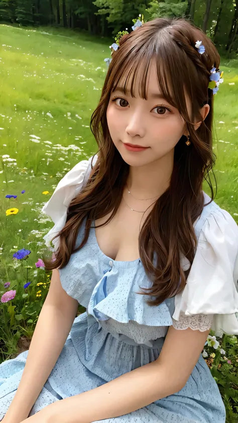 A mesmerizing woman in a flowing, bohemian dress, sitting in a meadow filled with wildflowers. She has a peaceful expression, surrounded by natures beauty.