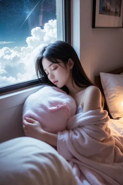 ((best quality)), ((masterpiece)), (detailed), night，girl sleeping in her room，Outside the window are clouds and countless stars，The room is filled with cotton candy，One of them fell on the girl&#39;s mouth，There is a vinyl record playing Jay Chou&#39;s so...