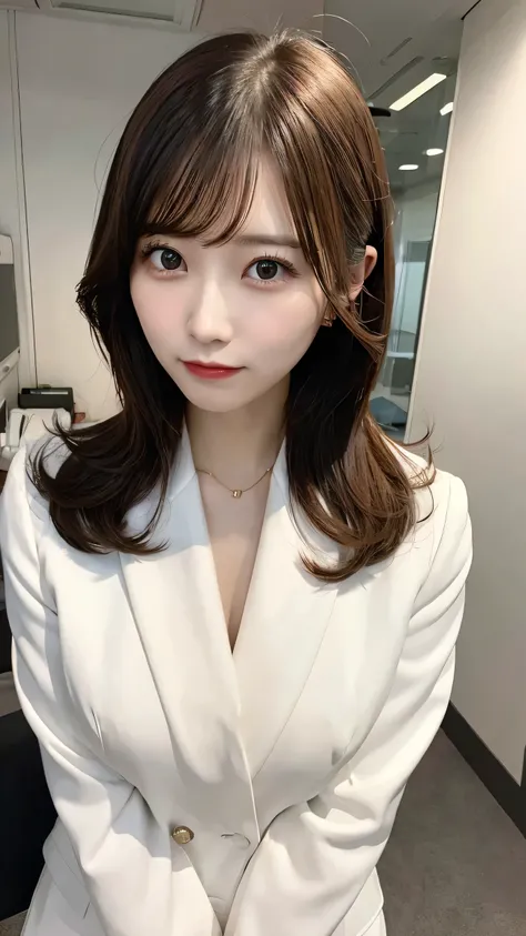 A confident woman in a sharp business suit, standing in a modern office. She has a determined look on her face, exuding professionalism and intelligence