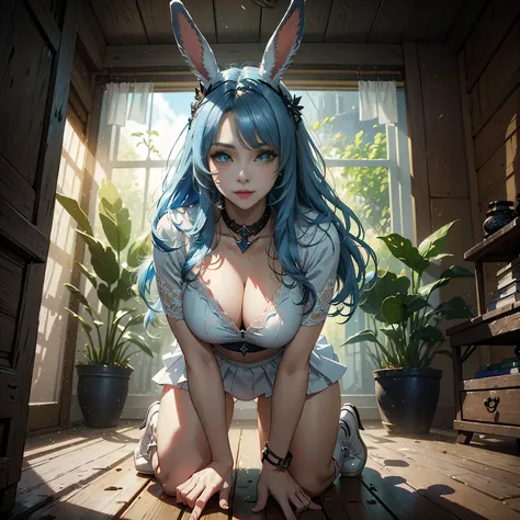 1girl, (solo), FFXIV_Viera, long hair, light blue hair, rabbit ears, blue eyes, smile, arrogant, small lips, big breasts, big tall, white crop top, deep neckline, white skirt, black boots, white skin, vagina view, kneeling down, medieval japanese village, ...