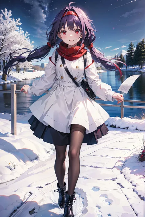 yuukikonno, Konno Yuuki, Long Hair, Pointed Ears, Purple Hair, (Red eyes:1.5), (Small breasts:1.2), Open your mouth,happy smile, smile, Open your mouth,hair band,low twin tail,Red Scarf,Oversized purple sweater,Black pantyhose,Long skirt,short boots,Holdin...
