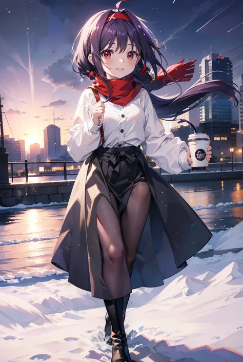 yuukikonno, Konno Yuuki, Long Hair, Pointed Ears, Purple Hair, (Red eyes:1.5), (Small breasts:1.2), Open your mouth,happy smile, smile, Open your mouth,hair band,low twin tail,Red Scarf,Oversized purple sweater,Black pantyhose,Long skirt,short boots,Holdin...