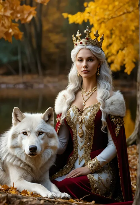 Masterpiece, A beautiful queen, crowned with gold and diamonds sits in the forest in autumn, accompanied by a  white wolf, on the edge of a clear and very beautiful river, high definition at 4k resolution, sharp focus, with very detailed facial features an...