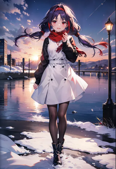 yuukikonno, Konno Yuuki, Long Hair, Pointed Ears, Purple Hair, (Red eyes:1.5), (Small breasts:1.2), Open your mouth,happy smile, smile, Open your mouth,hair band,low twin tail,Red Scarf,Oversized purple sweater,Black pantyhose,Long skirt,short boots,Holdin...