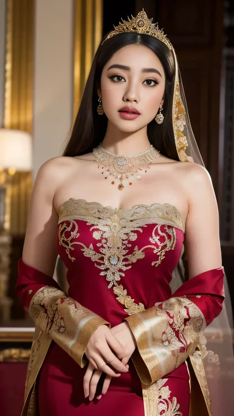 (best quality,4k,highres,masterpiece:1.2),ultra-detailed,realistic:1.37,beautiful and regal Javanese queen with hijab,dark and luxurious palace backdrop,beautiful detailed eyes and face,long eyelashes,voluptuous and curvy figure,exquisite jewelry and acces...