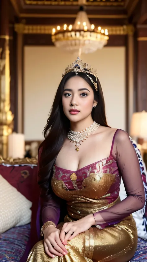 (best quality,4k,highres,masterpiece:1.2),ultra-detailed,realistic:1.37,beautiful and regal Javanese queen with hijab,dark and luxurious palace backdrop,beautiful detailed eyes and face,long eyelashes,voluptuous and curvy figure,exquisite jewelry and acces...