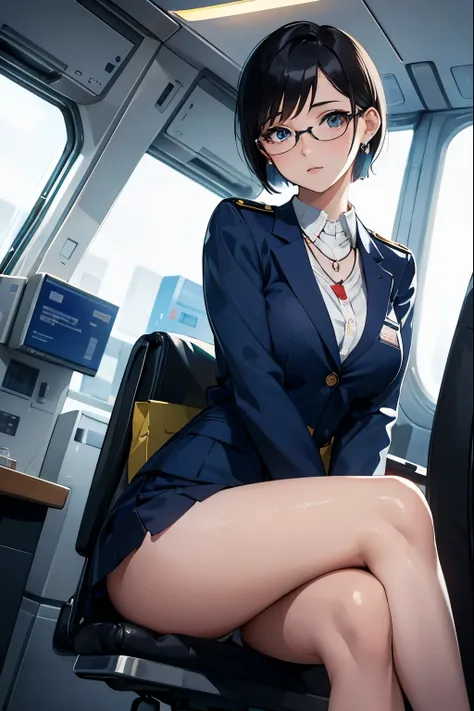 stewardess，Dressed as a flight attendant，Beautiful full body girl，White skin，Short Hair，24-years-old，Big body type，Short skirt，Super sexy scene，Face close-up、sit、Crossing your legs、Innocent expression、Glasses、Earrings、necklace