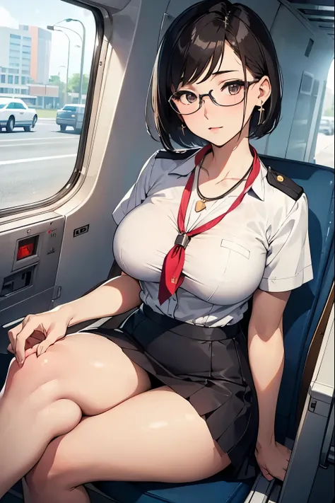 stewardess，Dressed as a flight attendant，Beautiful full body girl，White skin，Short Hair，24-years-old，Big body type，Short skirt，Super sexy scene，Face close-up、sit、Crossing your legs、Innocent expression、Glasses、Earrings、necklace