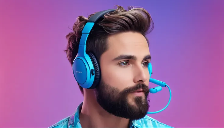 create the image of a man with a short beard, with a headset demonstrating the style ((melody)), hyperrealisti, 8k, swirly vibrant colors, clear and sharp image, coloured background, medium hair.