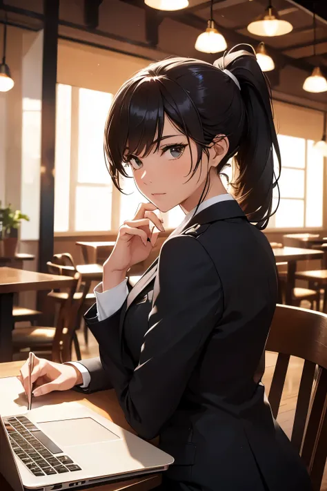 The scene depicts a woman in her late 29s, her ponytail tied neatly at the back, elegantly sitting at a cozy corner of a bustling cafe. She is deeply engrossed in her work on a sleek, state-of-the-art laptop. The laptops screen glows softly, casting a warm...