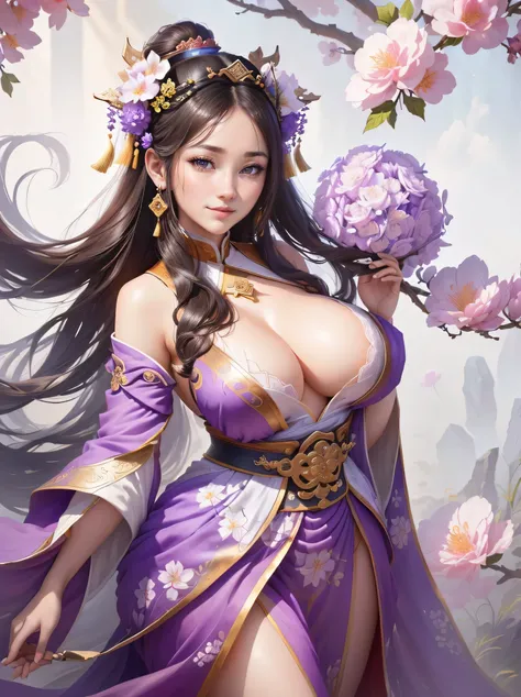 a woman in a purple honfu with flowers on her head, inspired by Ju Lian, inspired by Li Mei-shu, yun ling, inspired by Lan Ying, inspired by Wu Zuoren, inspired by Wu Bin, inspired by Pu Hua, a beautiful fantasy empress, inspired by Qiu Ying, inspired by W...