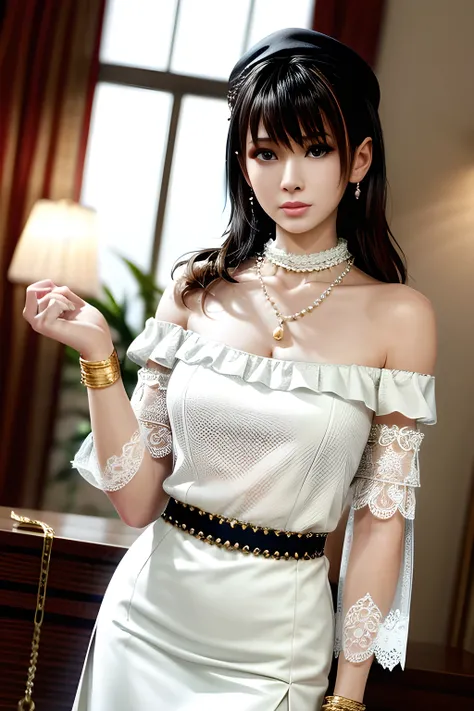 1girl is wearing a graceful white dress with a pearl necklace. The dress is adorned with delicate lace and has capped sleeves. The fabric is embellished with sparkling accents resembling stars. The person is also wearing a gold bracelet on their left wrist...