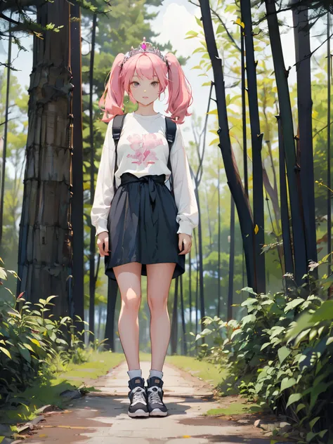 1girl, full body, from side, untucked long sleeve t-shirt dress, wearing backpack, bob hair, bangs, inside forest, sunlight, wit...