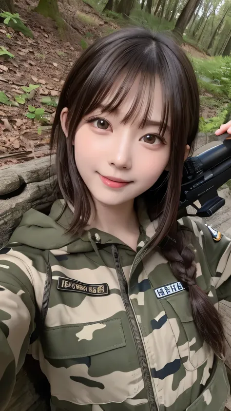 Best picture quality (8k, high resolution, Masterpiece: 1.2), super detailed,  215 Short Hair,Three braids long hair, 26-year-old woman, 

situation: A cute girl sniper is in a shooting position。
detailed:
angle: A shot of a man lying on the ground and loo...