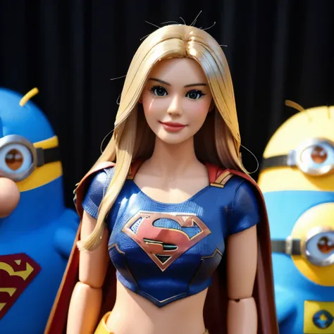 Supergirl、barbie doll collection、Accurate Mattel product、Lots of little Minion toys、Supergirlの周りを無数のミニオンで埋め尽くす、