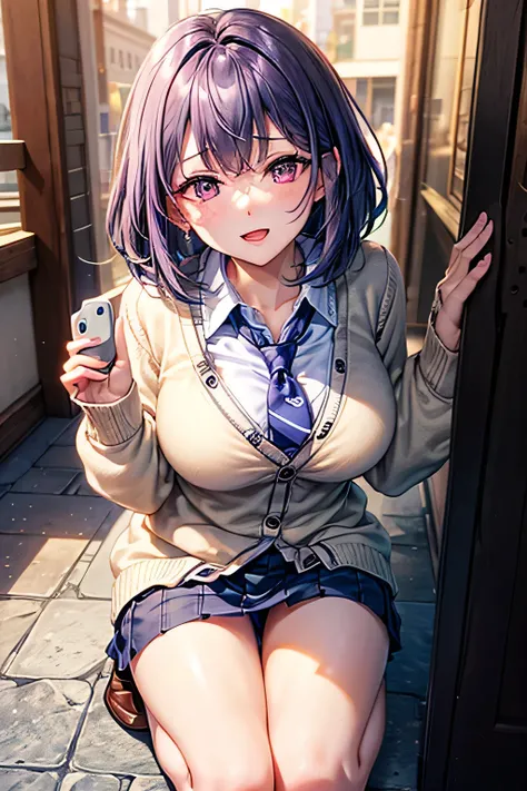 (Very detailed CG Unity 8K 壁紙),(masterpiece), (Highest quality), (Very detailed), (Best illustrations),(Best Shadow), Large Breasts,16 years old,Purple eyes and very short purple hair,Remote Play、White blouse,Blue tie,Checked mini skirt,beige cardigan,Male...