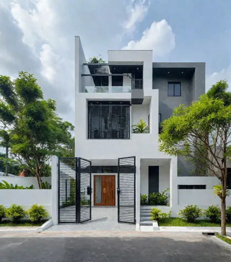RAW photo, a photo of a modern villa, sidewalk, sidewalk trees, steel gate, road, viet nam modern residence, a car parked in front of it, rough white wall, new residential area, wide angle exterior 2022, contemporary house, exterior photography, masterpiec...
