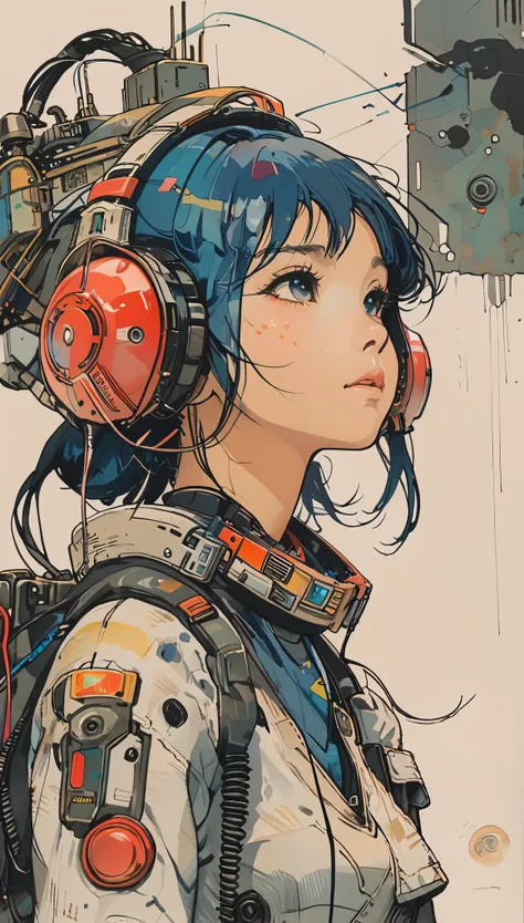 sketch、the style of kawanabe kyosai、girl、headphones、look up、cyber punk、helmet、