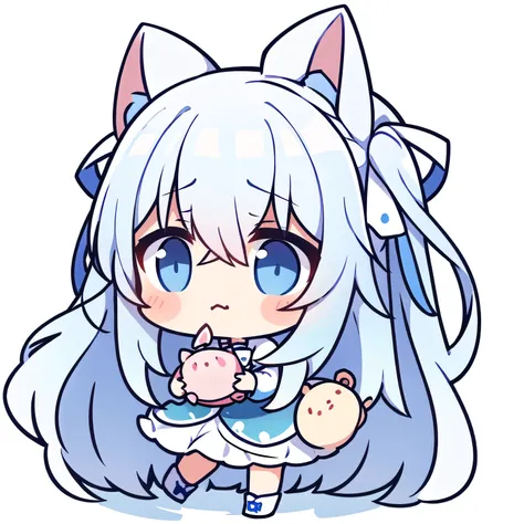 masterpiece,best quality,girl,Long hair,Pig head,Messy hair,Blue and White Ombre Hair,White background,A sad expression,Sad expression,详细的girl头像,Third view,9 emoticons,Three quarter side,unhappy