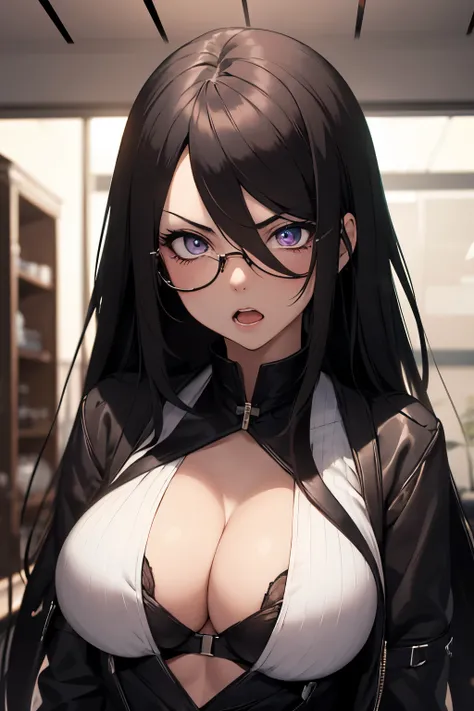 anime girl with glasees long black hair sexy big   angry look on her face
 detailed high quality