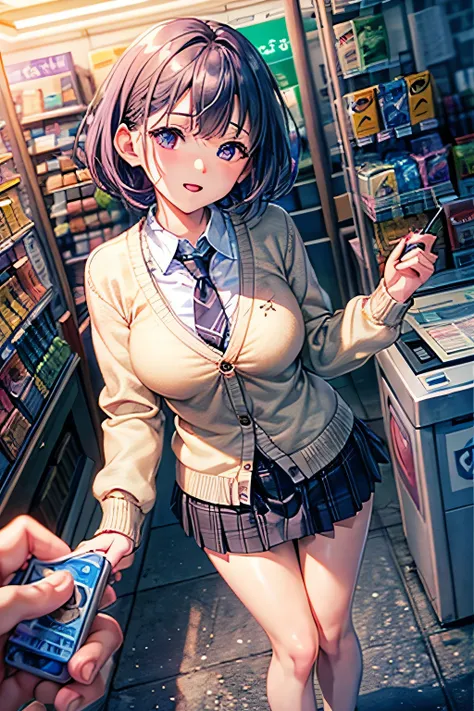 (Very detailed CG Unity 8K 壁紙),(masterpiece), (Highest quality), (Very detailed), (Best illustrations),(Best Shadow), Large Breasts,16 years old,Purple eyes and very short purple hair,Remote Play、White blouse,Blue tie,Checked mini skirt,beige cardigan,conv...