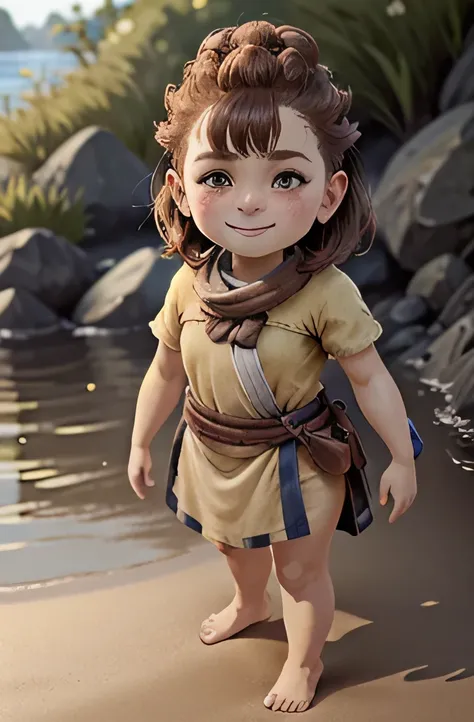 A very young girl with short brown hair and brown eyes and many freckles and flat nose and and a round face, heavy physique, smiling happily, standing on the beach without shoes, in a chibi/deformed style, highly detailed, 4K, photorealistic, masterpiece, ...