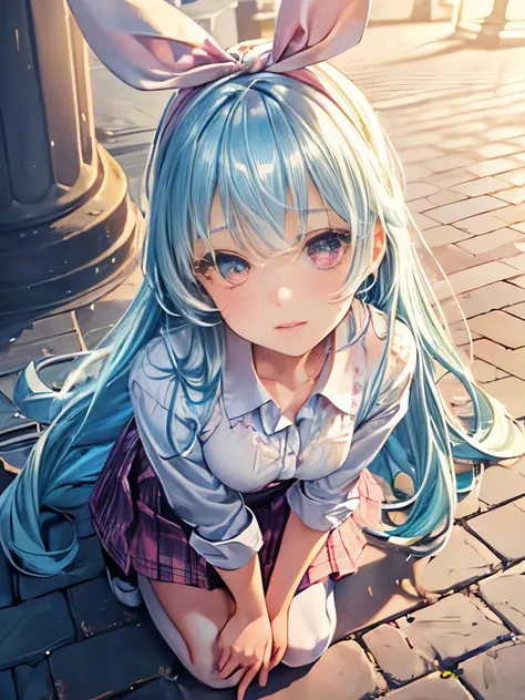 (detailed beautiful eyes and detailed face, masterpiece side light, masterpiece, Highest quality, detailed, High resolution illustrations), (1 girl, beautiful girl, Glowing Skin), (Sky blue hair, Pink eyes, skirt, ribbon, Button-down shirt)(Kneel on the gr...