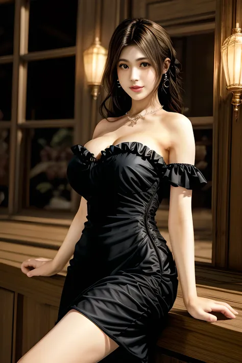 1girl is wearing an elegant black strapless dress. The dress is beautifully designed with ruching on the bodice and a cascading ruffled asymmetrical hem, adding a playful and chic touch to the outfit. The person is standing upright, with one hand gently to...