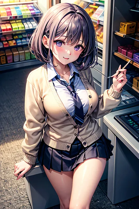 (Very detailed CG Unity 8K 壁紙),(masterpiece), (Highest quality), (Very detailed), (Best illustrations),(Best Shadow), Large Breasts,16 years old,Purple eyes and very short purple hair,blush、White blouse,Blue tie,Checked mini skirt,beige cardigan,convenienc...