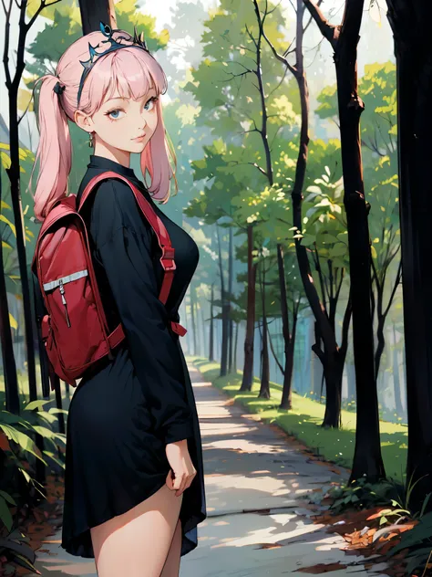 1girl, from side, medium wide shot, untucked long sleeve t-shirt dress, wearing backpack, bob hair, bangs, inside forest, sunlig...