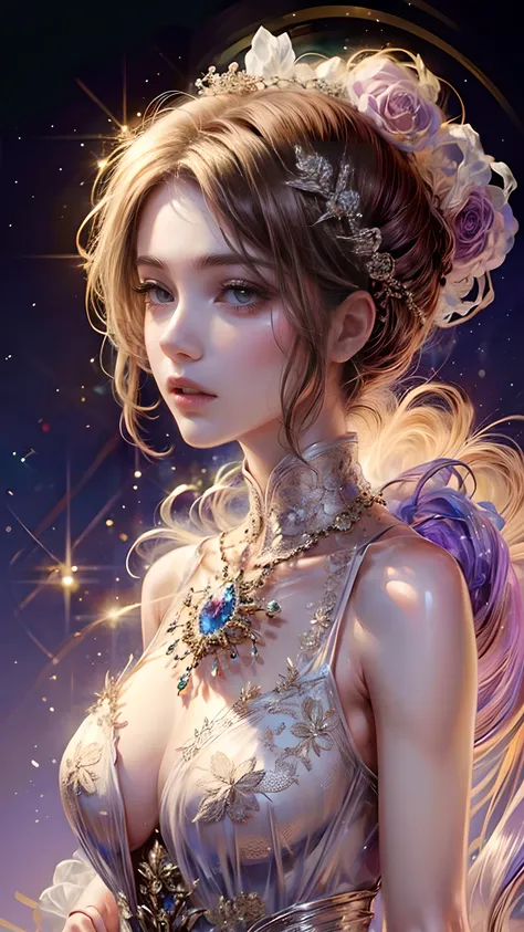 Masterpiece，highest resolution，((moon))，Wear a silk dress to cover the body.,Set of beautiful noble ladies，Chestnut brown hair curled elegantly.，clear purple eyes，The hair was covered with beautiful and delicate flower crafts., Filigree crystal jewelry，Ver...