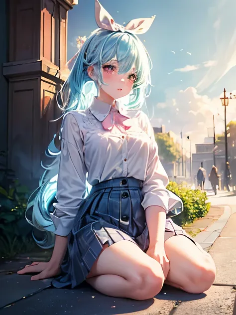 (detailed beautiful eyes and detailed face, masterpiece side light, masterpiece, Highest quality, detailed, High resolution illustrations), (1 girl, beautiful girl, Glowing Skin), (Sky blue hair, Pink eyes, skirt, ribbon, Button-down shirt)(Kneel on the gr...