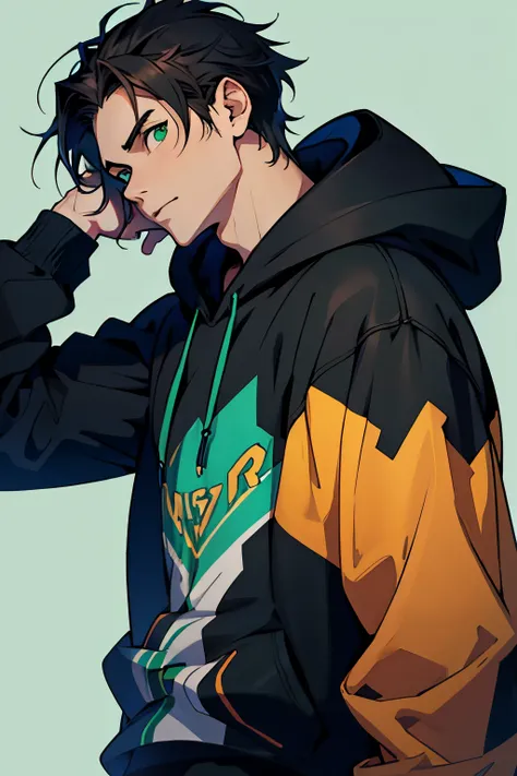 gamer anime boy with straight dark hair, green eyes wearing a black hoodie in a blue background