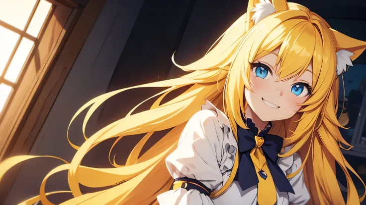 Anime cat girl with long yellow hair and blue eyes is smiling cutely.