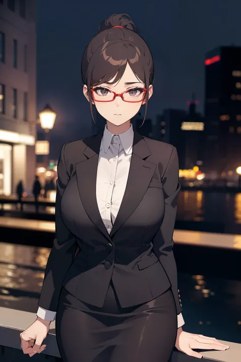 Slender adult woman, elegantly dressed in tailored short sleeve business wear with a crisp blazer and pencil skirt, stands against the backdrop of a dimly lit cityscape during the evening. Her ponytail is sleek and polished, cascading down her back, and sh...