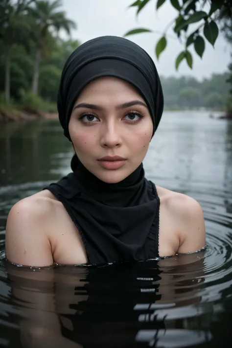 ((Chubby:1.3)), ((HIJAB)), (Best Quality, hight resolution, Realistic:1.37), Detailed face and expression, The Frightened Woman, pixie cut, sickly, Worn-out appearance, Swamp environment, standingn, Seductively drowning in a swamp, Distressed flared satin,...