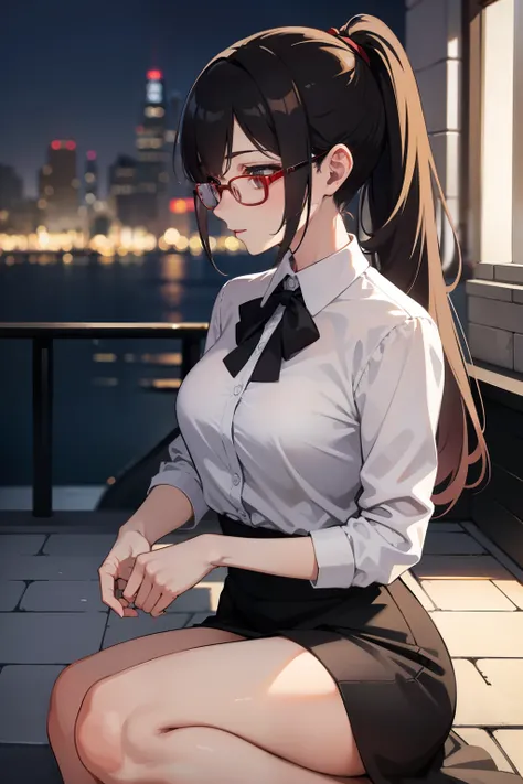 Slender adult woman, elegantly dressed in tailored short sleeve business attire, her ponytail neatly tied at the nape of her neck. The red-framed glasses perched on her nose add a sophisticated touch to her attire. The soft glow of the evening cityscape li...