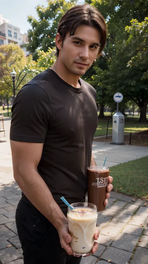 Very handsome man, 29yo, dark brown hair, Wear, Consultation, posing, Wearing in the park, drinking protein shake, realphoto